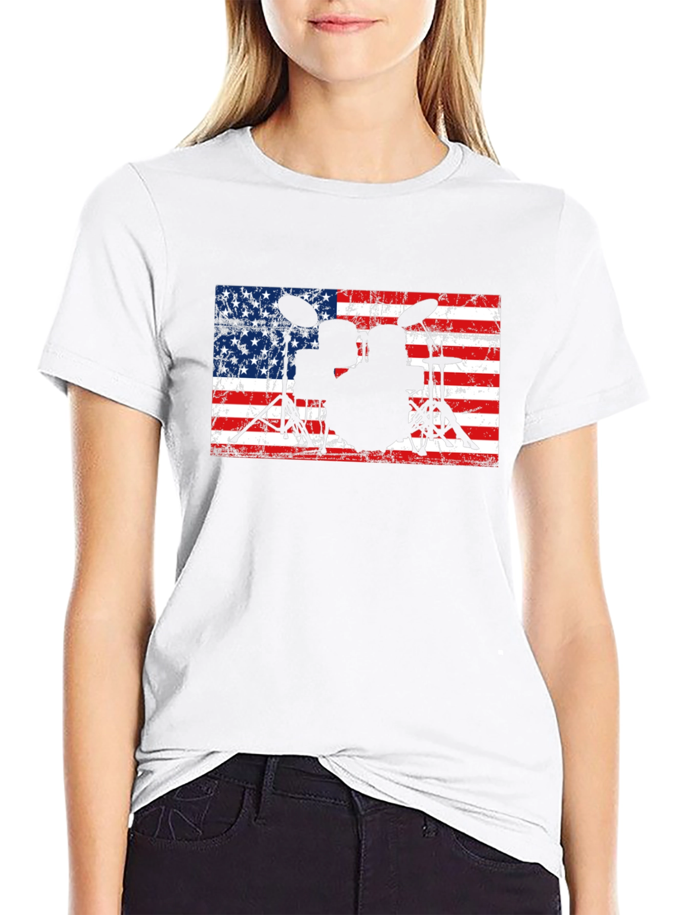American Flag Drum Set Black T-Shirt
