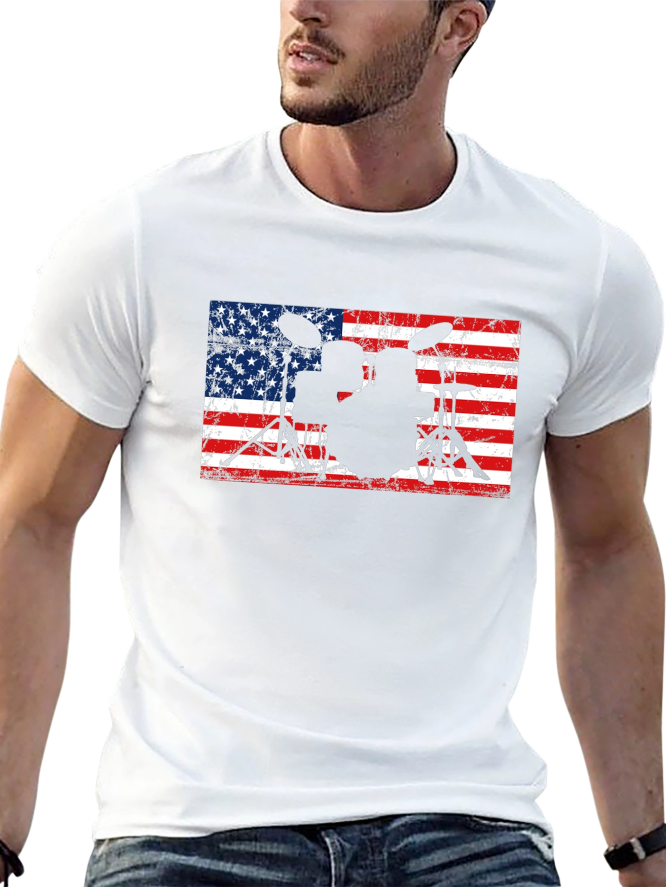 American Flag Drum Set Black T-Shirt