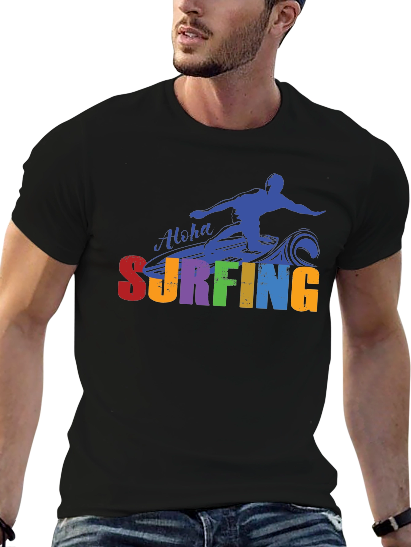Aloha Surfing Graphic Tee - Black Cotton T-Shirt