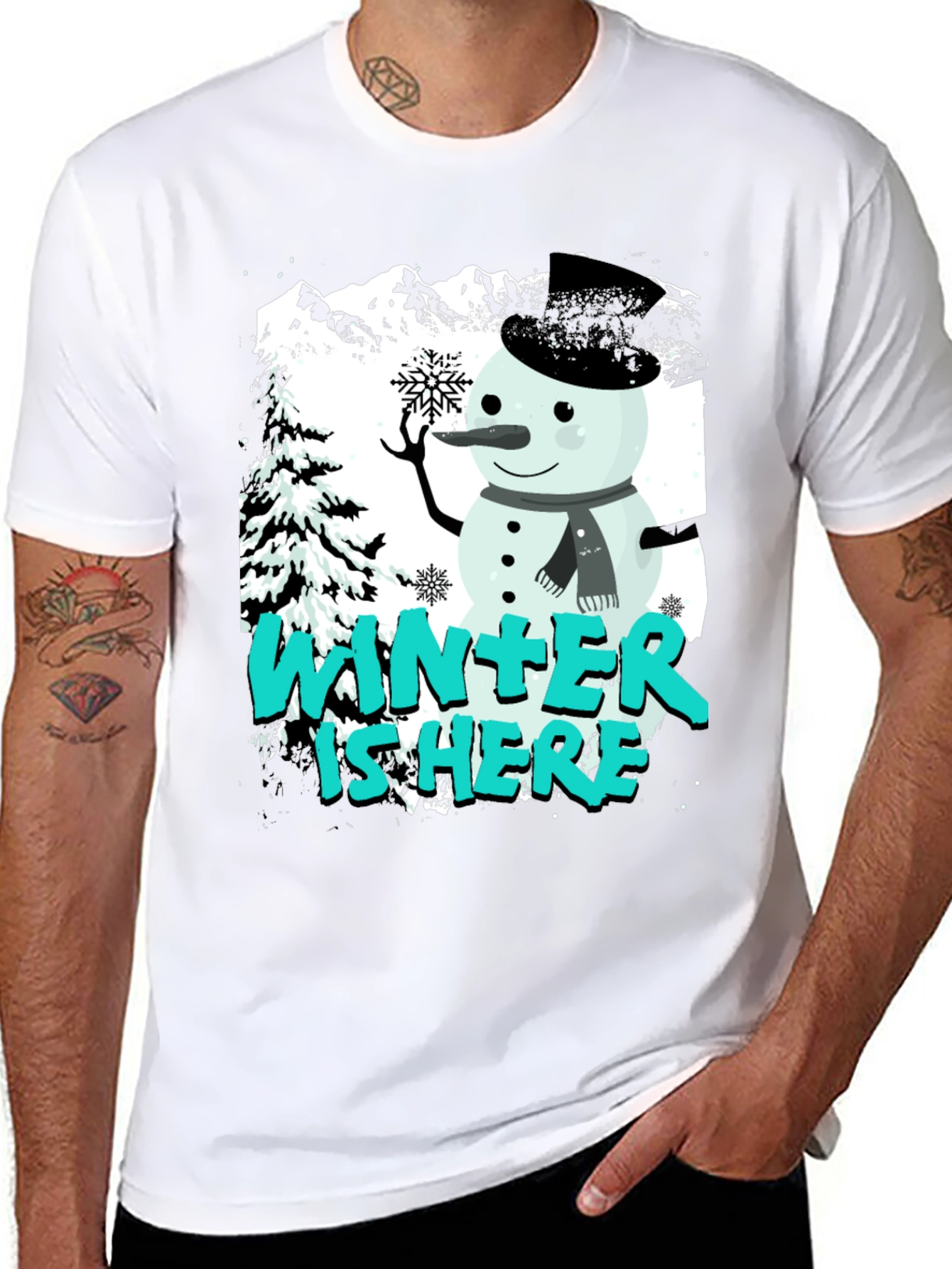 Winter is Here Graphic T-Shirt - Snowman Design