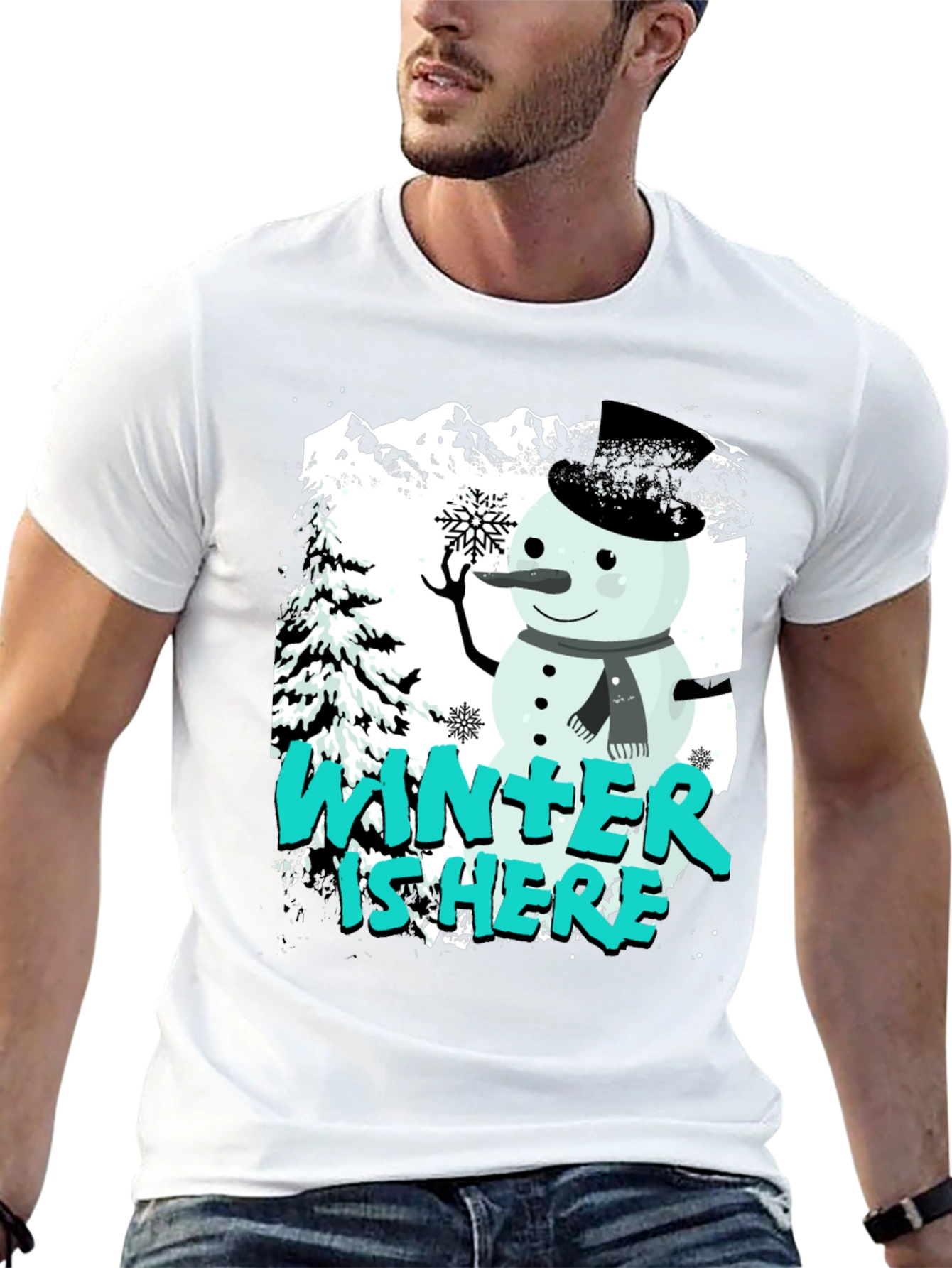 Winter is Here Graphic T-Shirt - Snowman Design