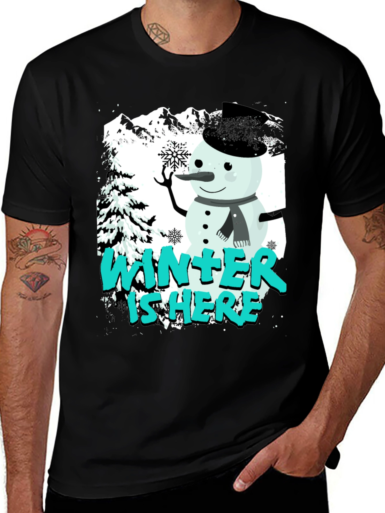Winter is Here Graphic T-Shirt - Snowman Design