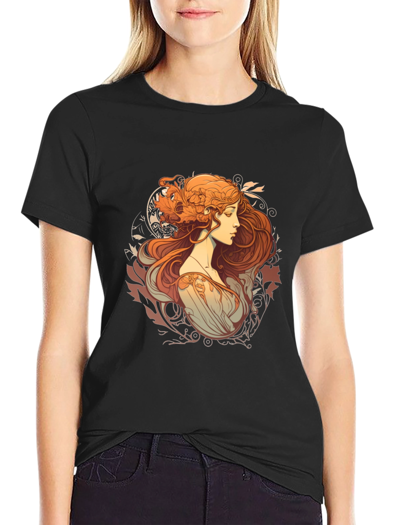 Art Nouveau Woman Graphic Black T-Shirt