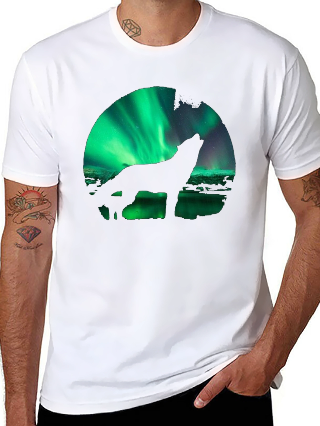 Wolf Aurora Borealis Graphic Black T-Shirt