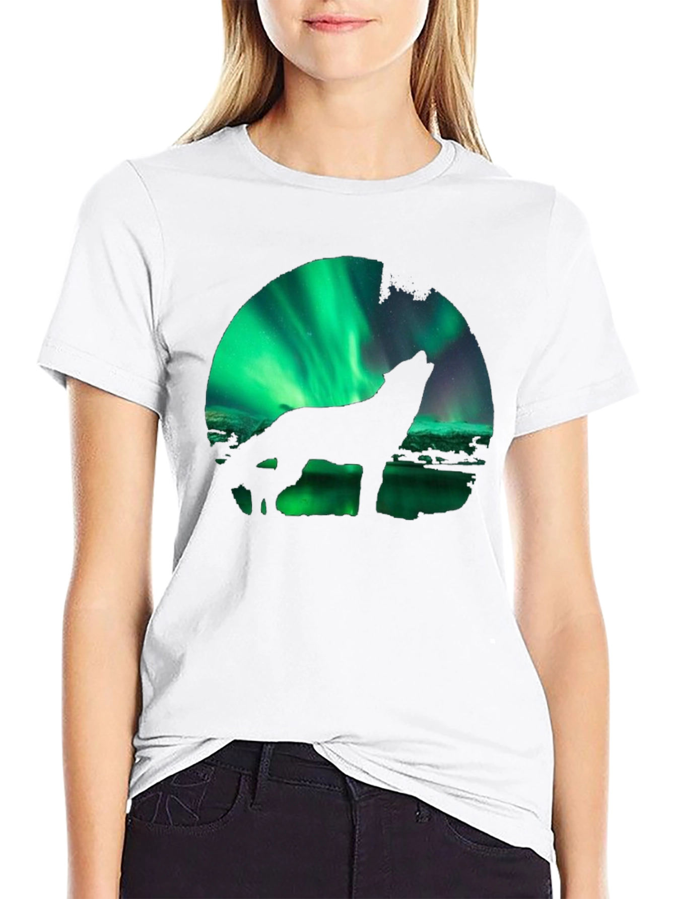 Wolf Aurora Borealis Graphic Black T-Shirt