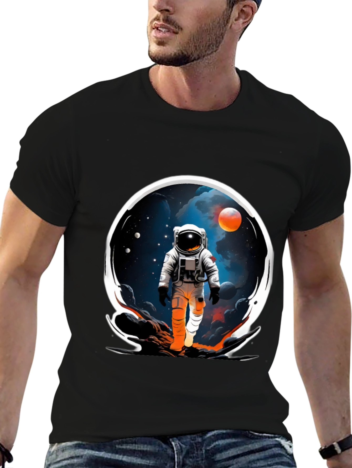 Astronaut in Space Graphic Tee - Black Cotton Blend