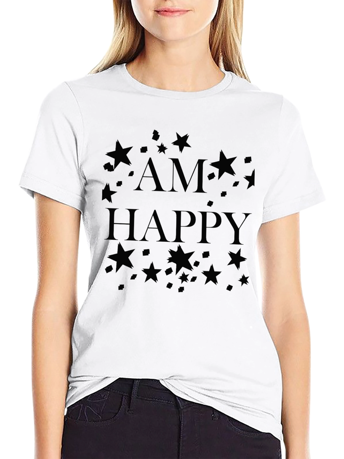 Am Happy Star Graphic Black T-Shirt