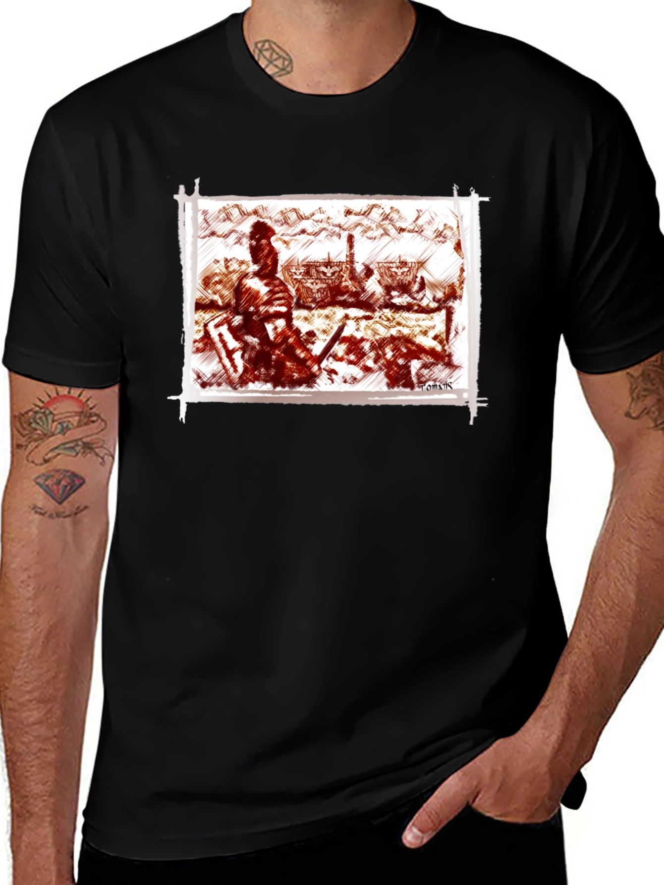 Warrior Sketch Tee - Black Cotton T-Shirt