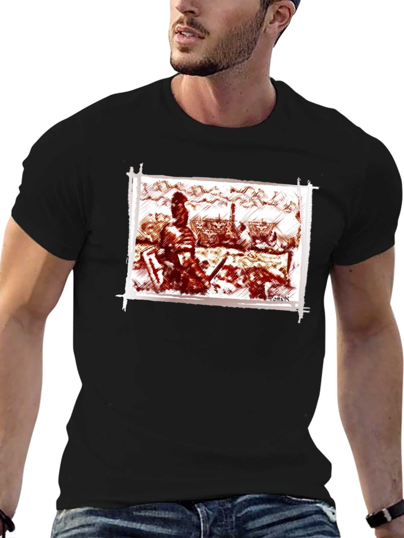 Warrior Sketch Tee - Black Cotton T-Shirt
