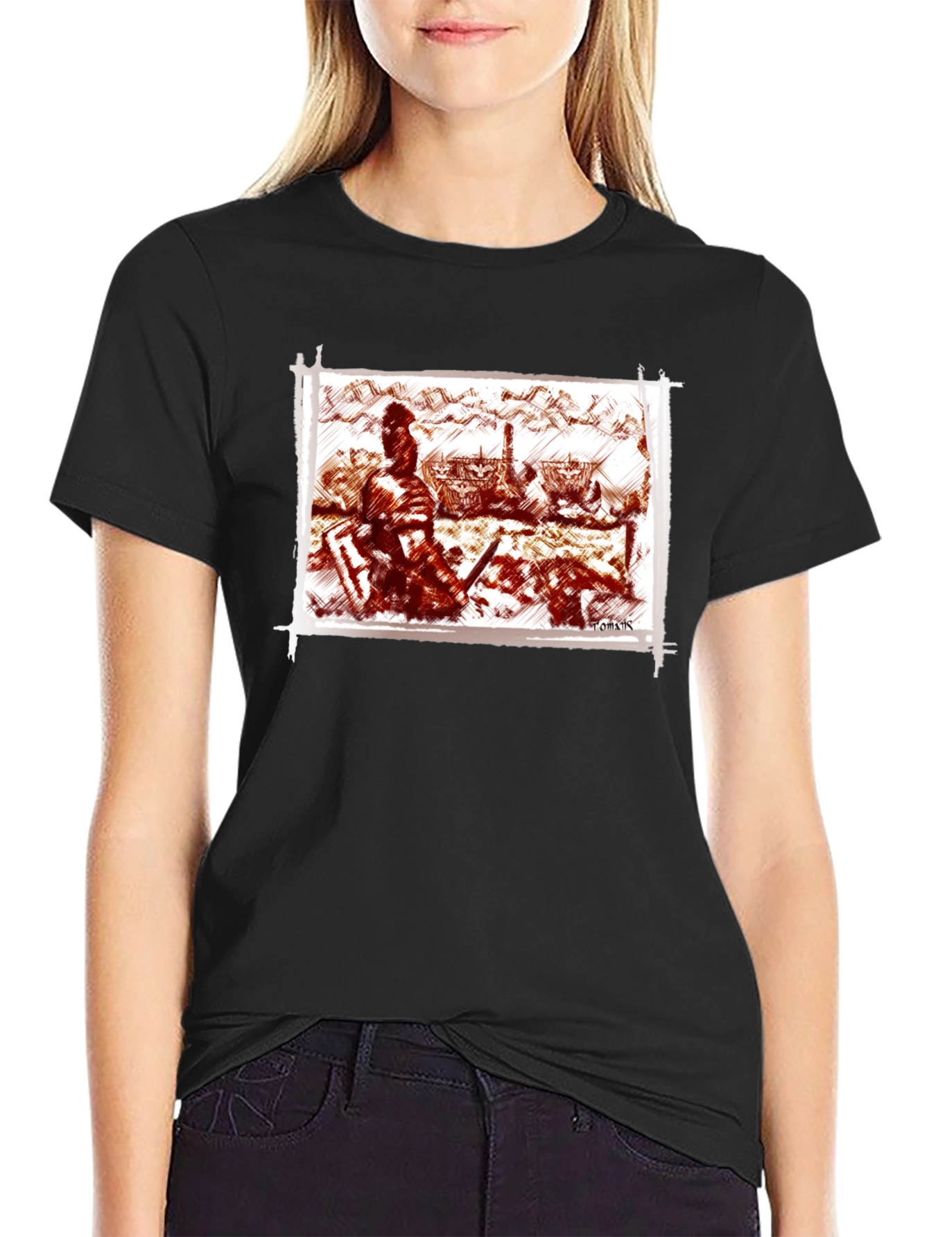 Warrior Sketch Tee - Black Cotton T-Shirt