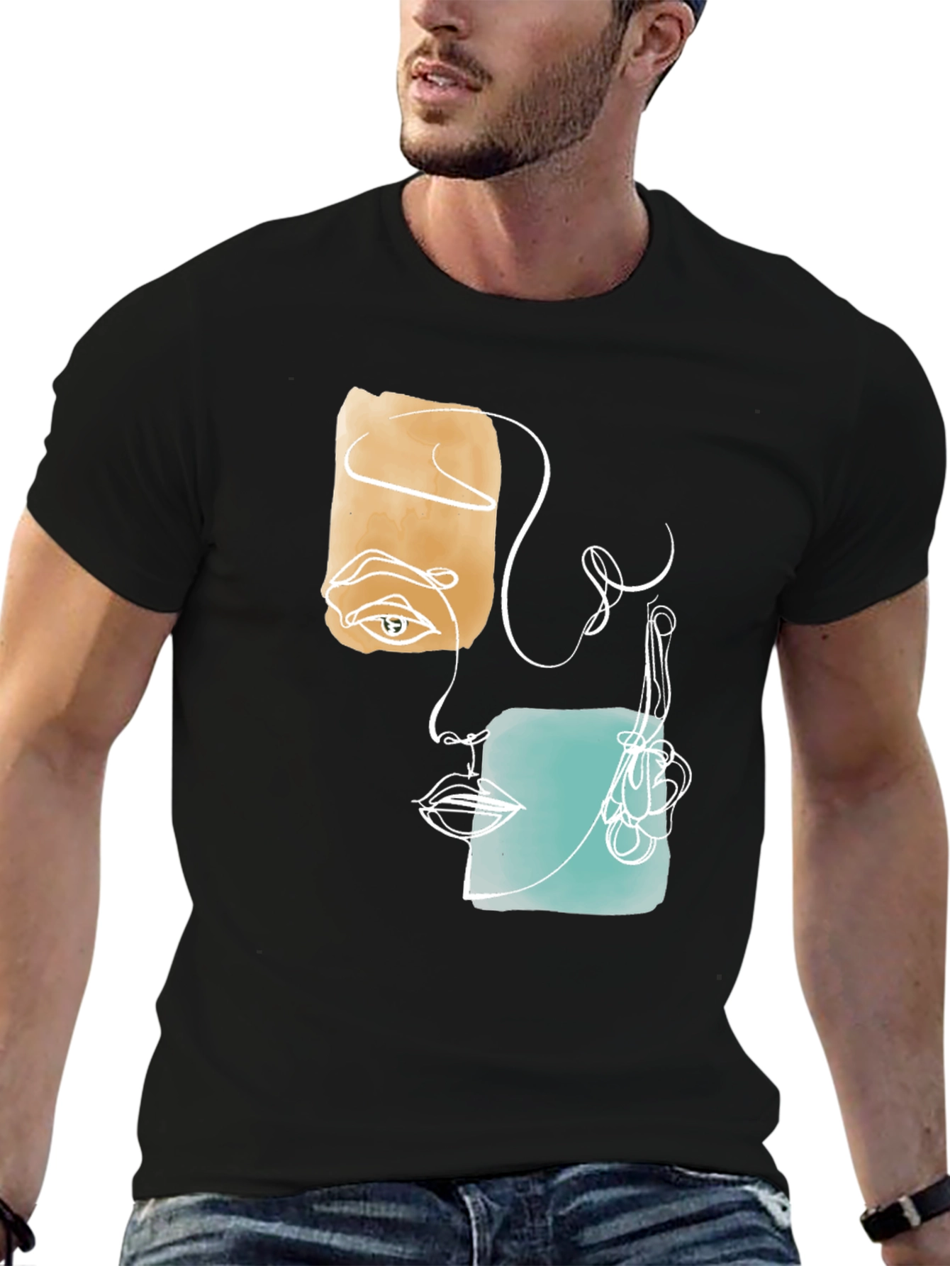Abstract Face Graphic Print Black T-Shirt
