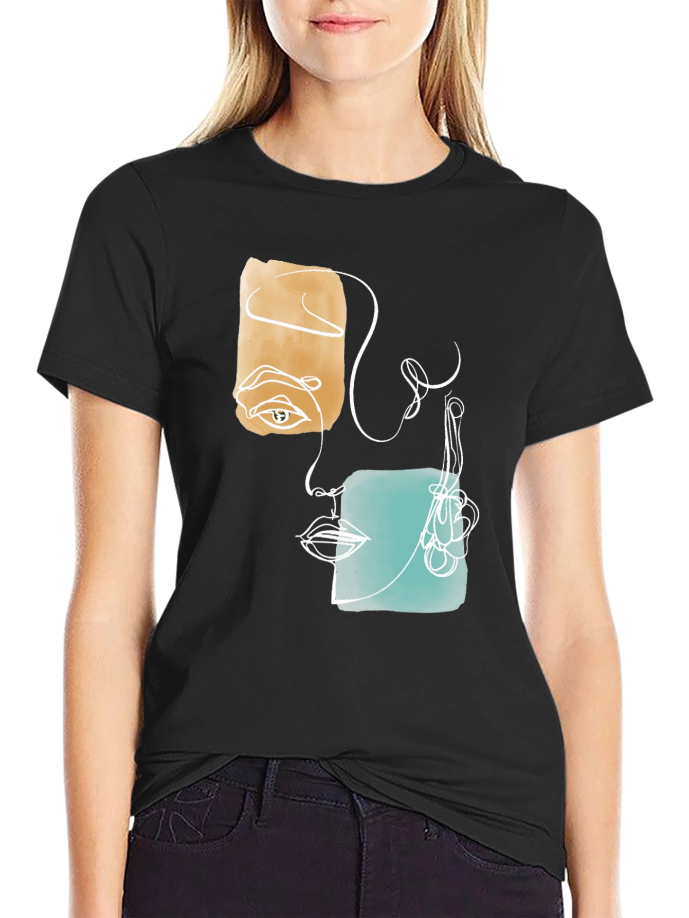Abstract Face Graphic Print Black T-Shirt