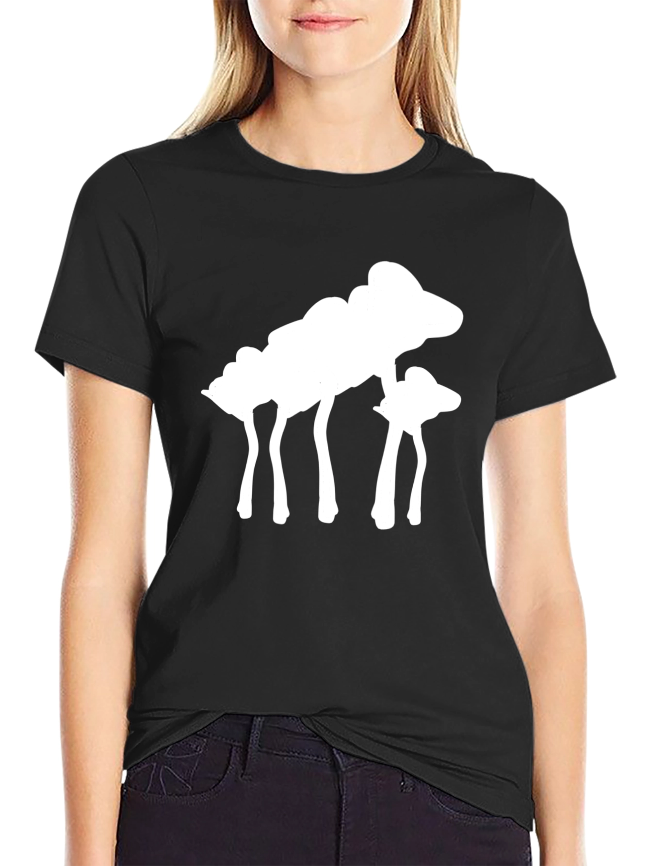 Abstract White Mushroom Graphic Tee - Black Cotton Shirt