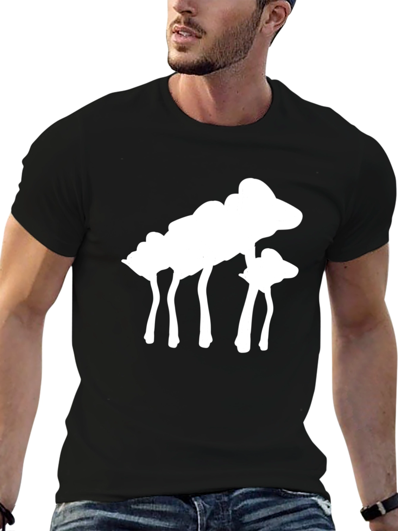 Abstract White Mushroom Graphic Tee - Black Cotton Shirt