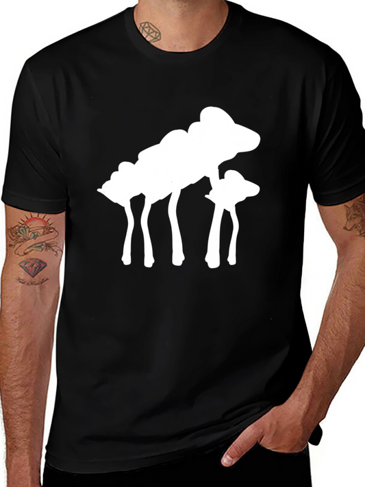 Abstract White Mushroom Graphic Tee - Black Cotton Shirt