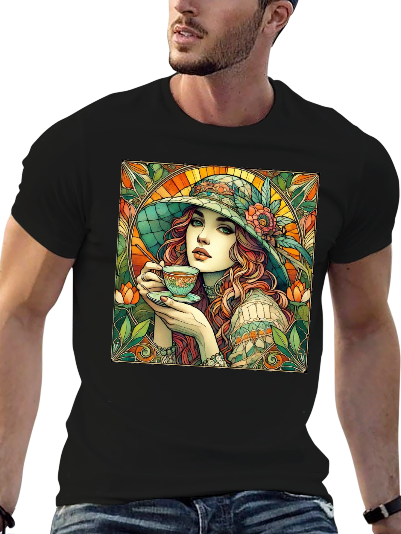 Woman with Tea T-Shirt - Art Nouveau Style