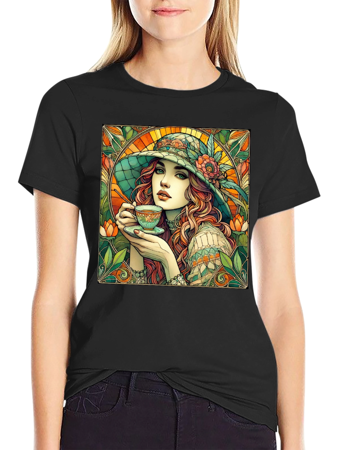 Woman with Tea T-Shirt - Art Nouveau Style