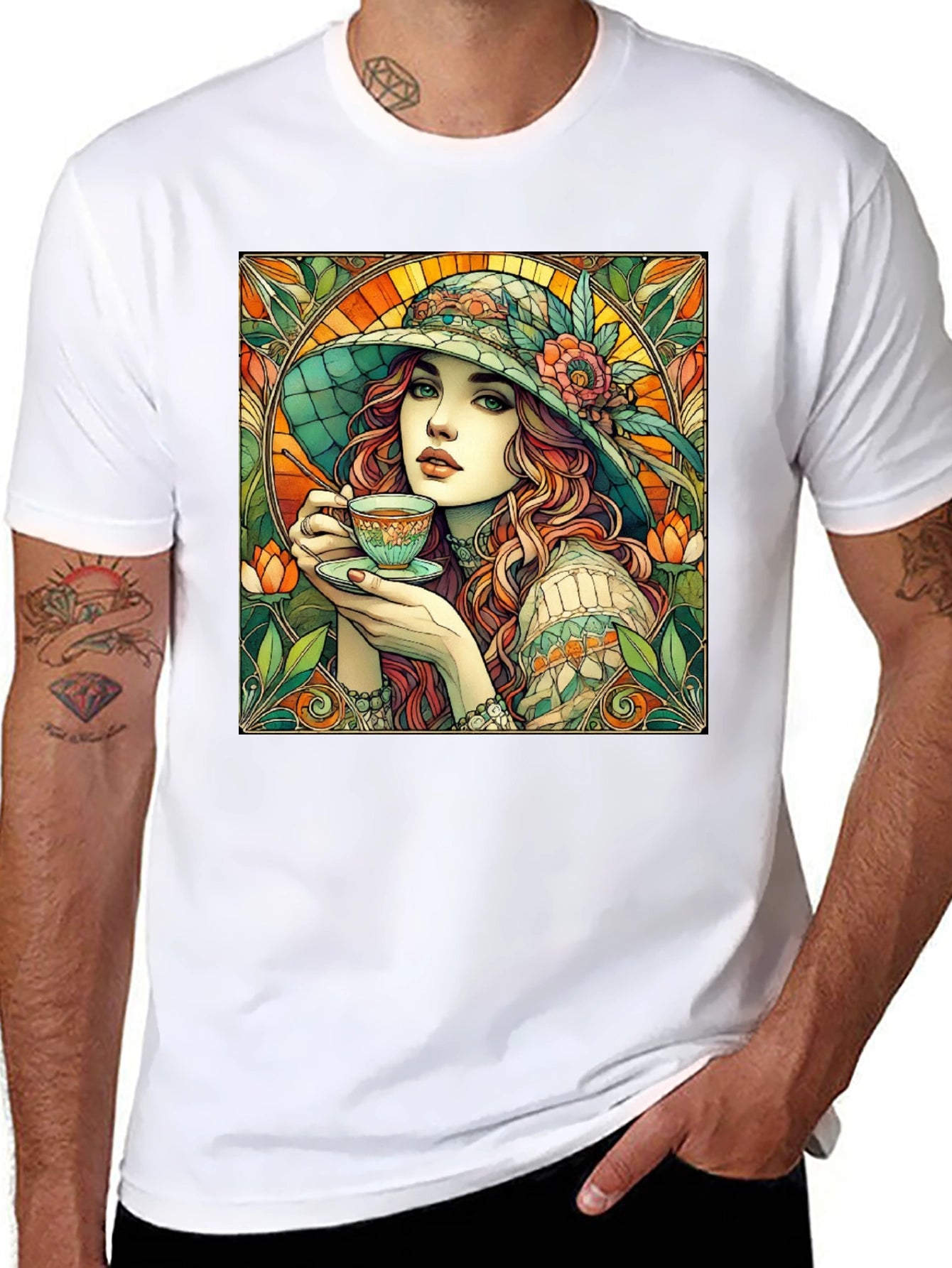 Woman with Tea T-Shirt - Art Nouveau Style