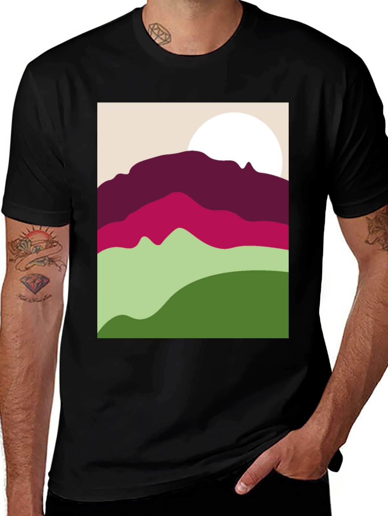 Abstract Mountain Scene Graphic Tee - Black