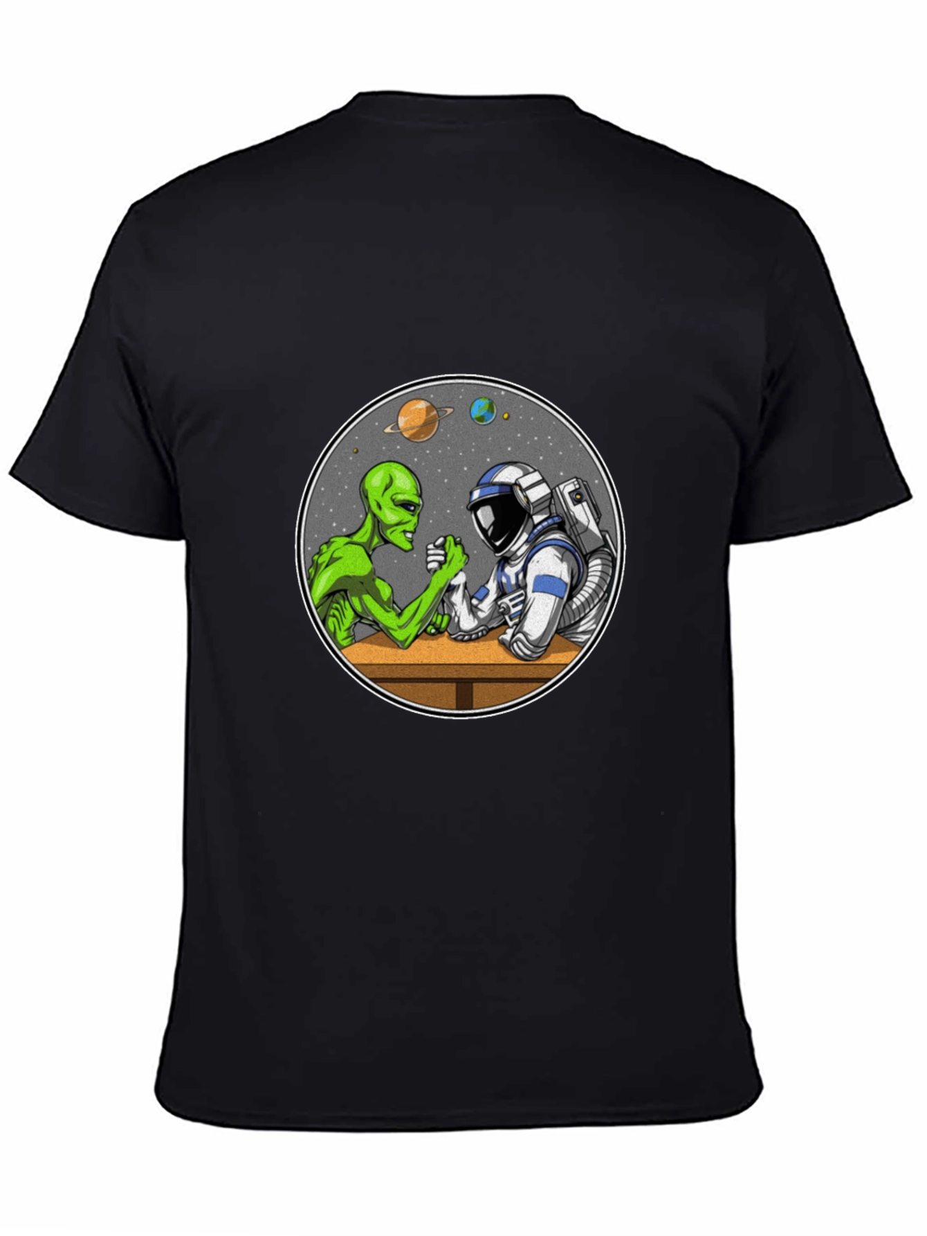 Alien vs Astronaut Arm Wrestle Black T-Shirt