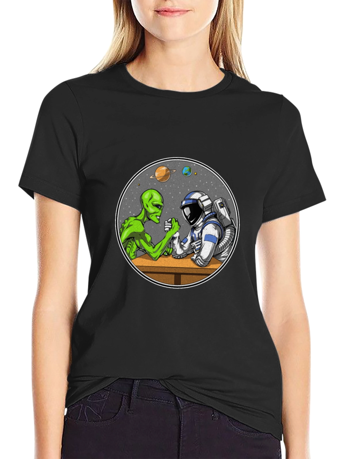 Alien vs Astronaut Arm Wrestle Black T-Shirt