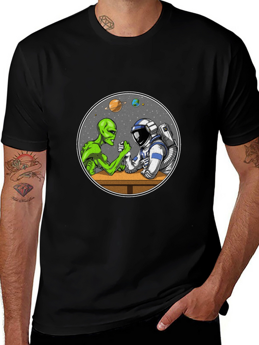 Alien vs Astronaut Arm Wrestle Black T-Shirt