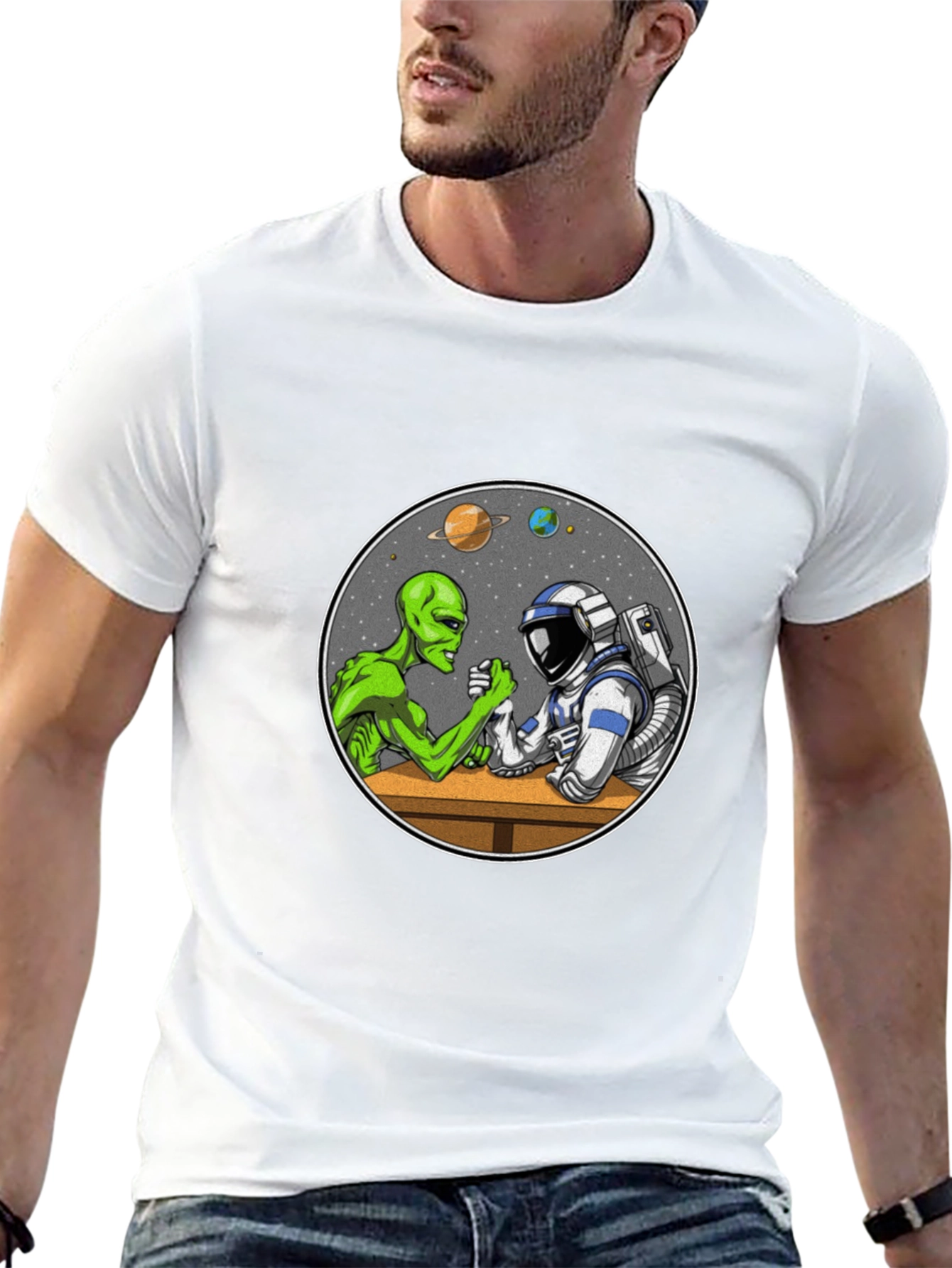 Alien vs Astronaut Arm Wrestle Black T-Shirt