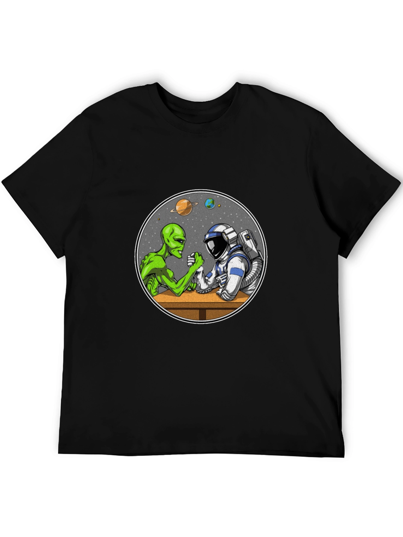 Alien vs Astronaut Arm Wrestle Black T-Shirt