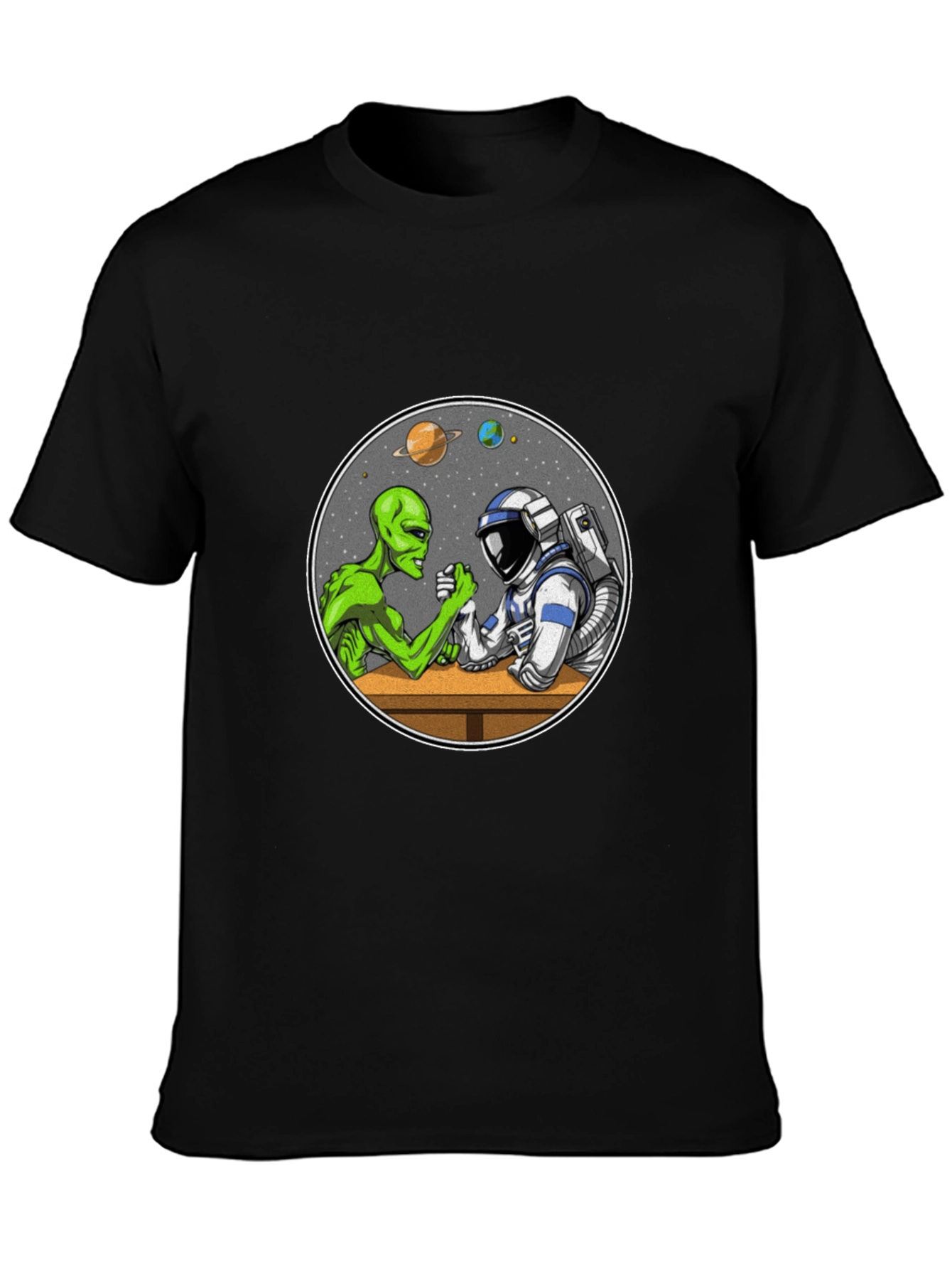 Alien vs Astronaut Arm Wrestle Black T-Shirt