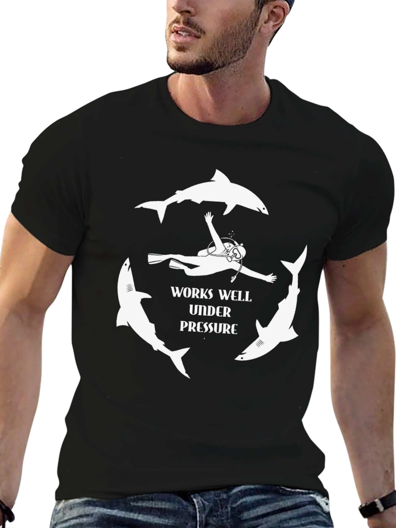 Works Well Under Pressure Shark Diver Graphic Tee