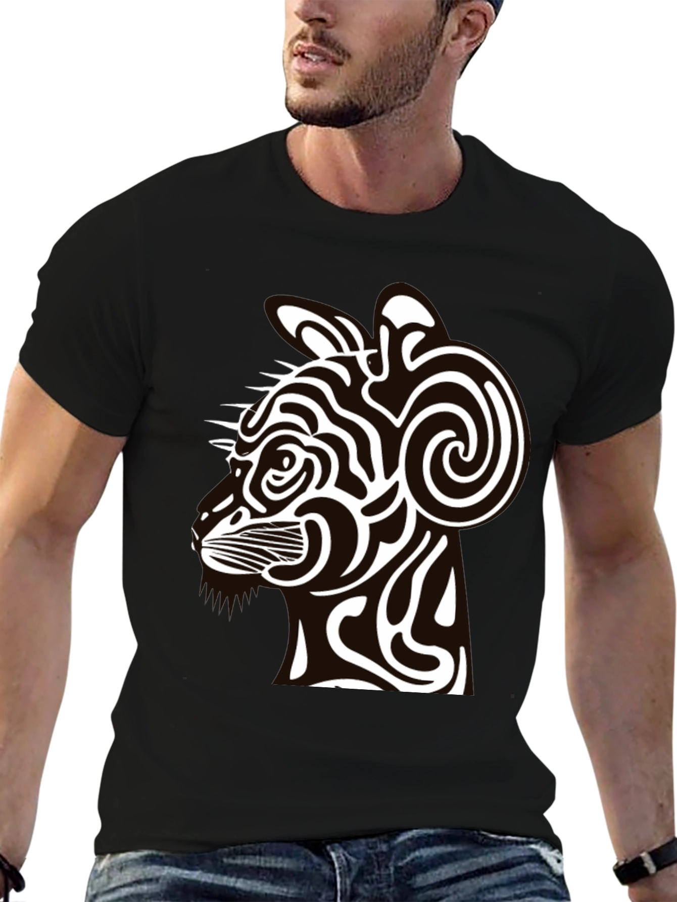 Abstract Cat Graphic Black T-Shirt - Modern Style