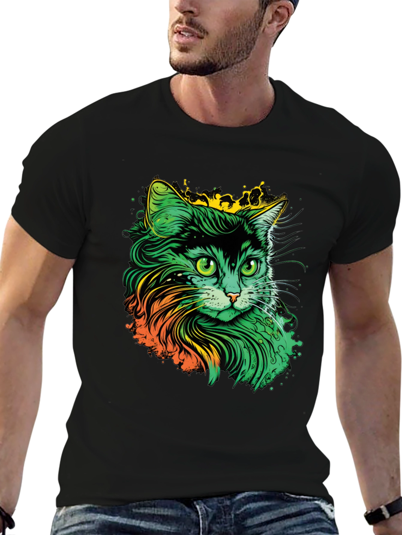 Vibrant Cat Graphic T-Shirt - Black