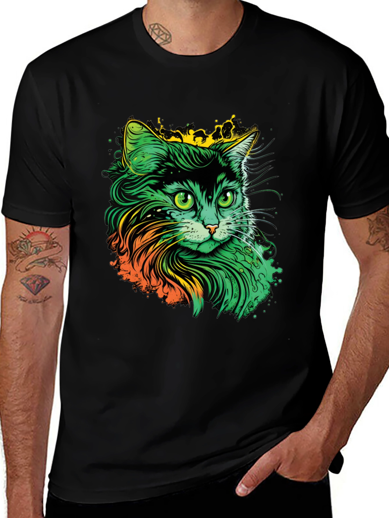 Vibrant Cat Graphic T-Shirt - Black