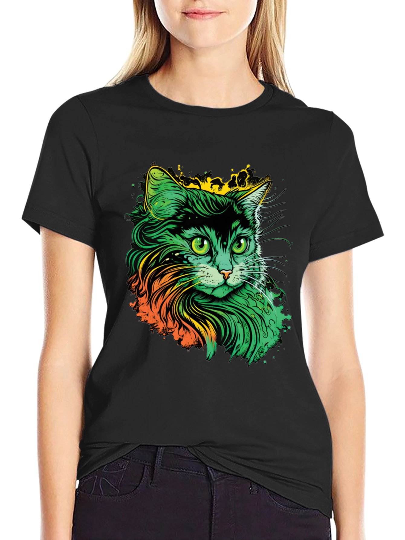 Vibrant Cat Graphic T-Shirt - Black