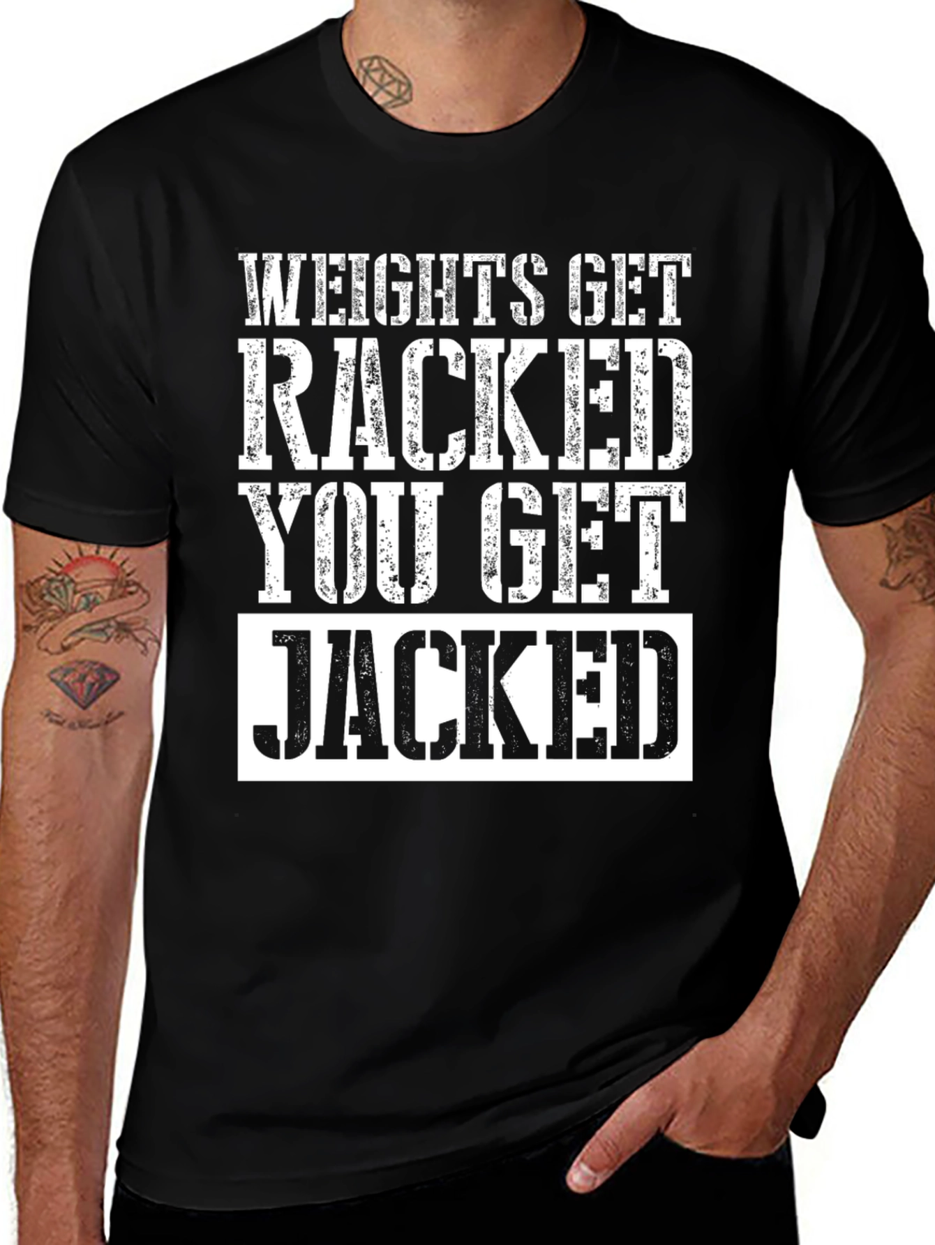 Weights Get Racked T-Shirt - Jacked Gym Apparel