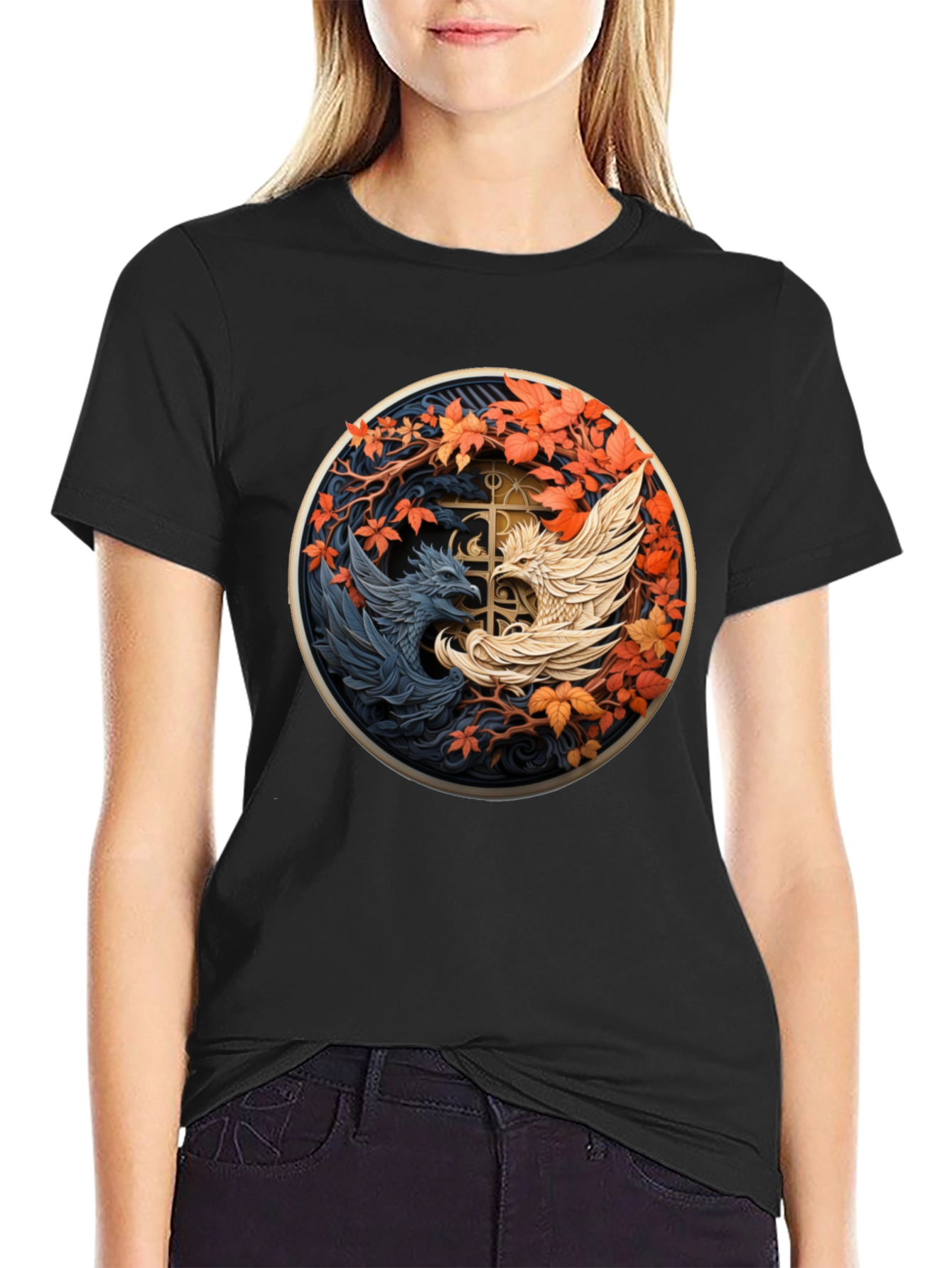Yin Yang Phoenix Graphic Tee - Black