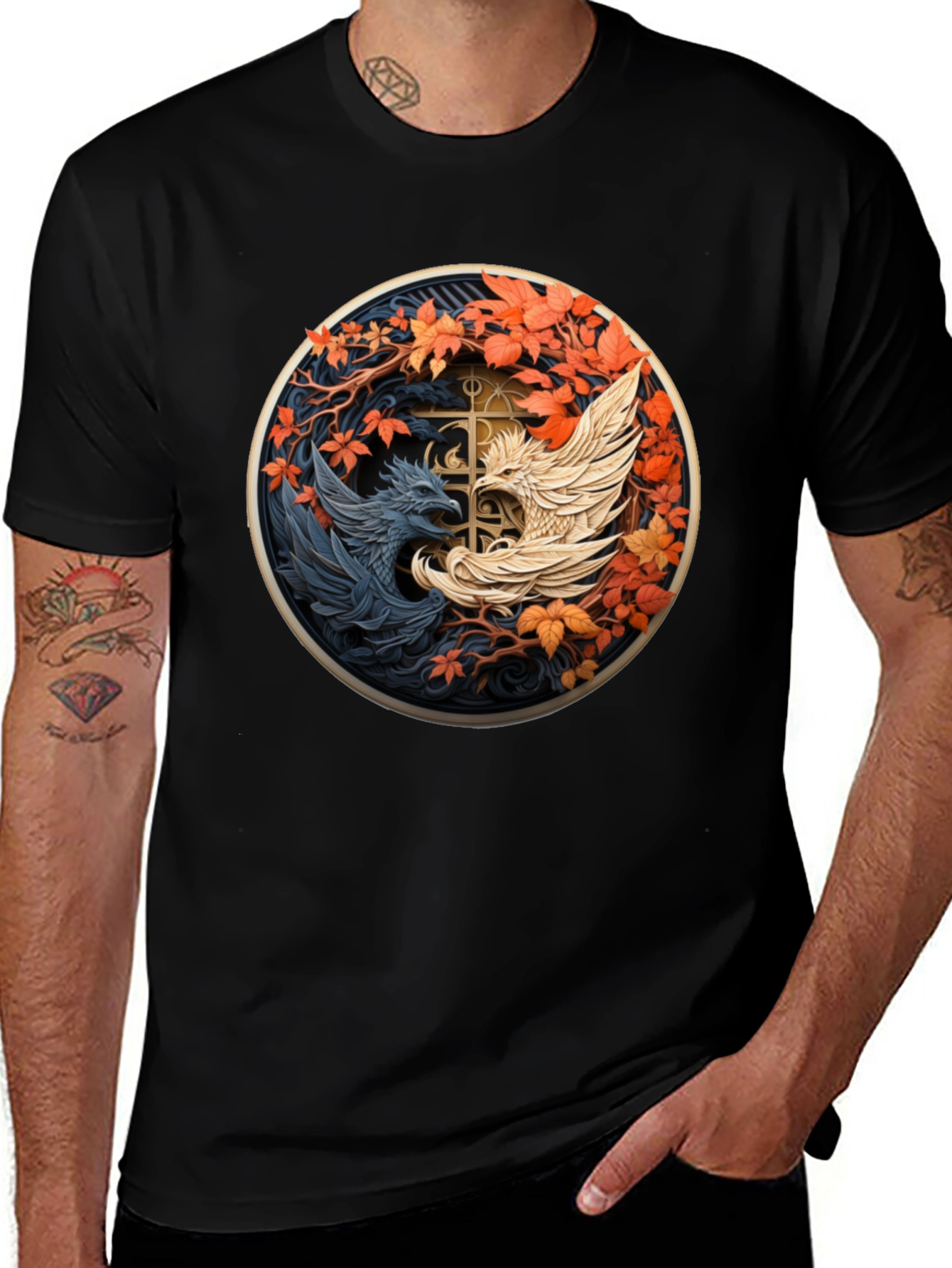 Yin Yang Phoenix Graphic Tee - Black