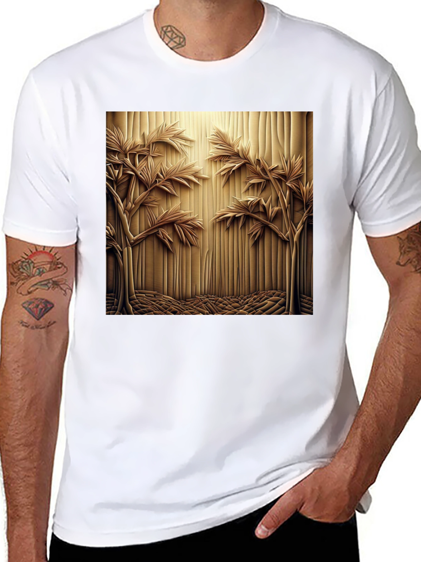 Abstract Carved Wood Tree Graphic Black T-Shirt