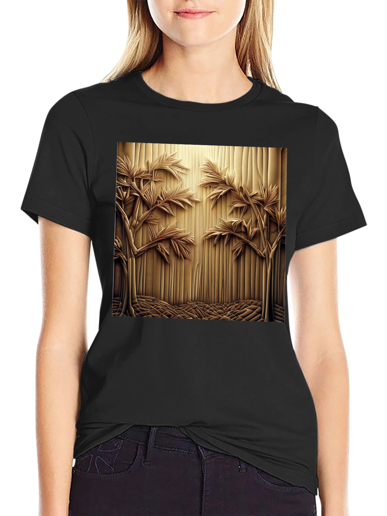 Abstract Carved Wood Tree Graphic Black T-Shirt