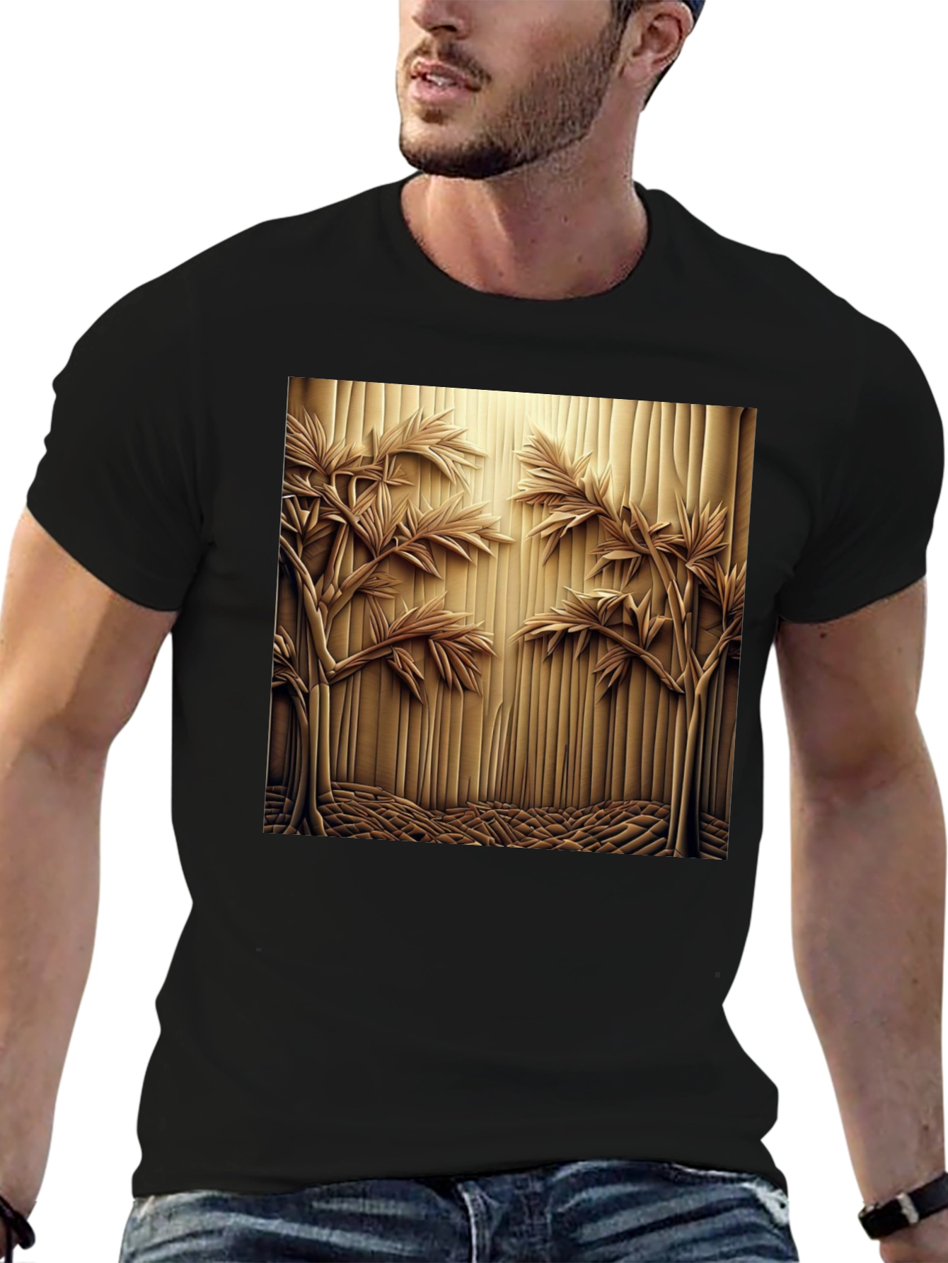 Abstract Carved Wood Tree Graphic Black T-Shirt