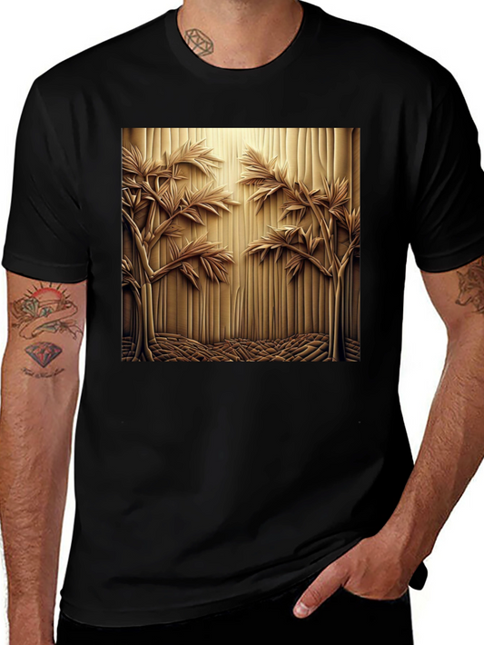 Abstract Carved Wood Tree Graphic Black T-Shirt