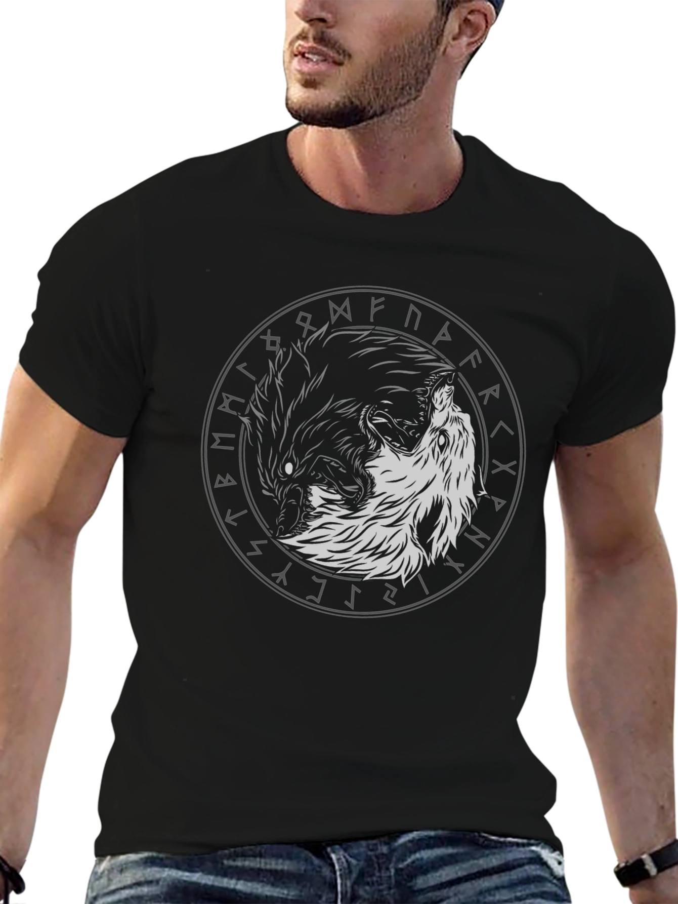 Yin Yang Wolf Graphic Tee - Viking Rune Circle