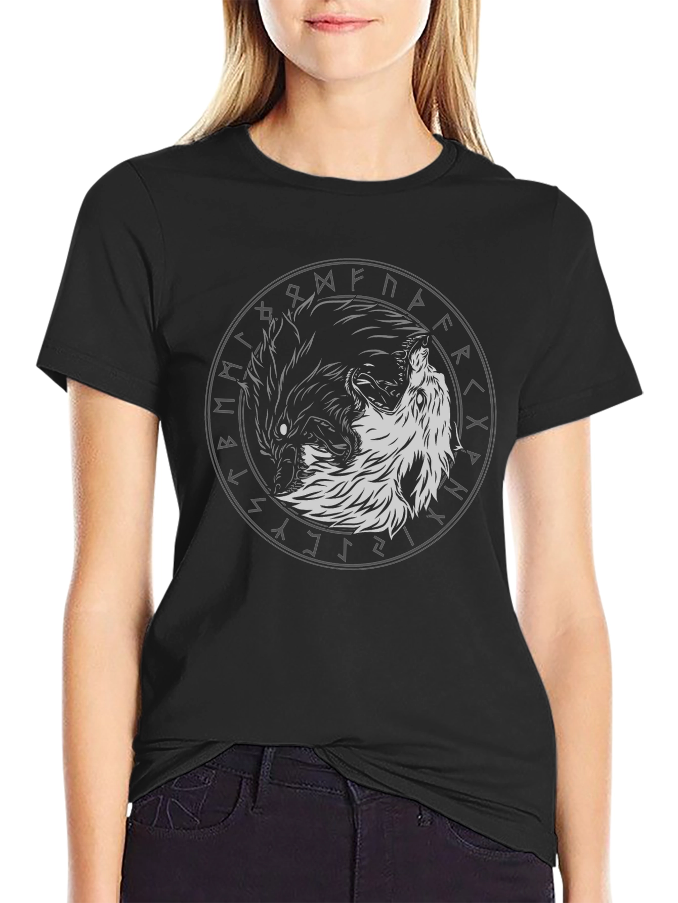 Yin Yang Wolf Graphic Tee - Viking Rune Circle