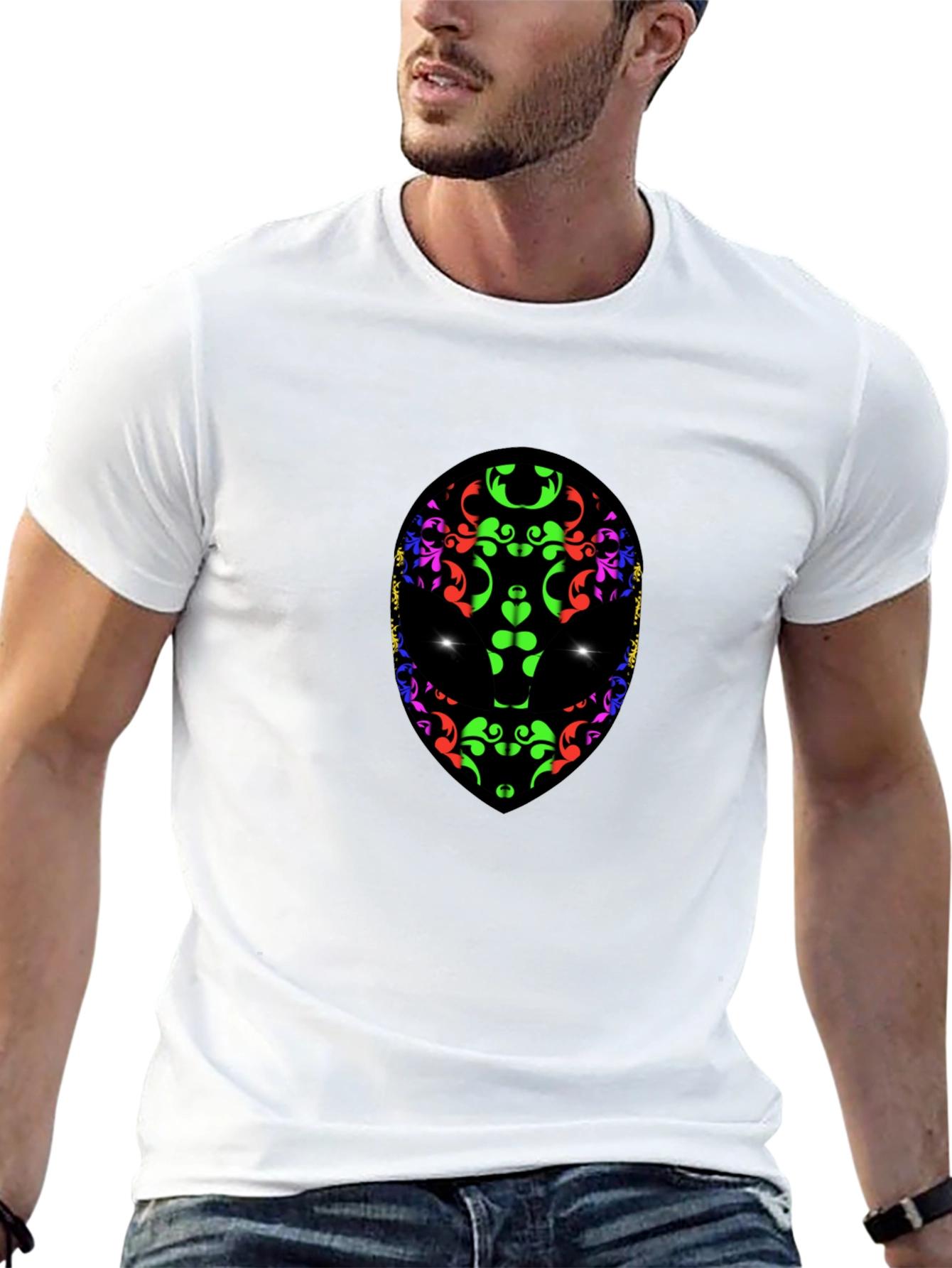Abstract Alien Face Graphic Print Black T-Shirt