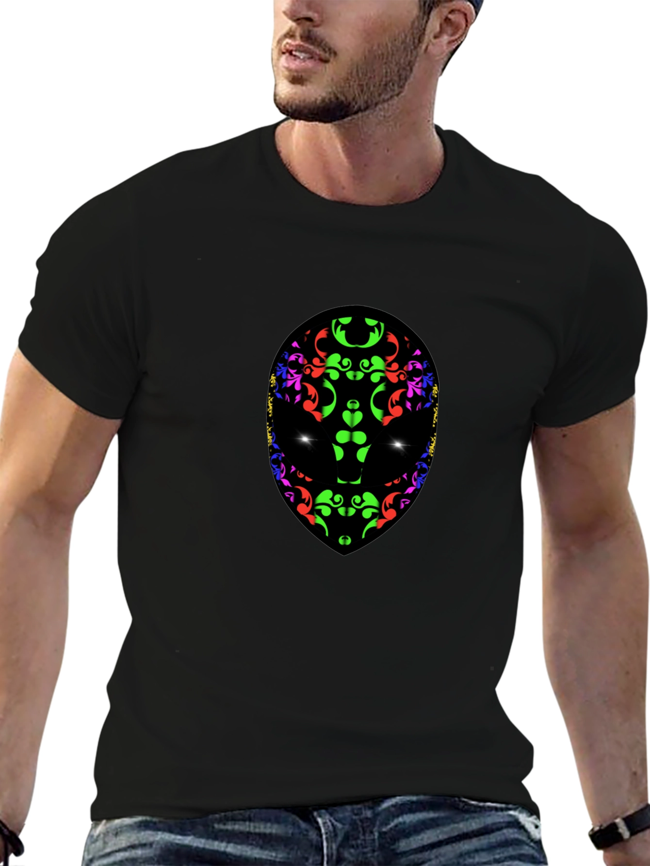 Abstract Alien Face Graphic Print Black T-Shirt