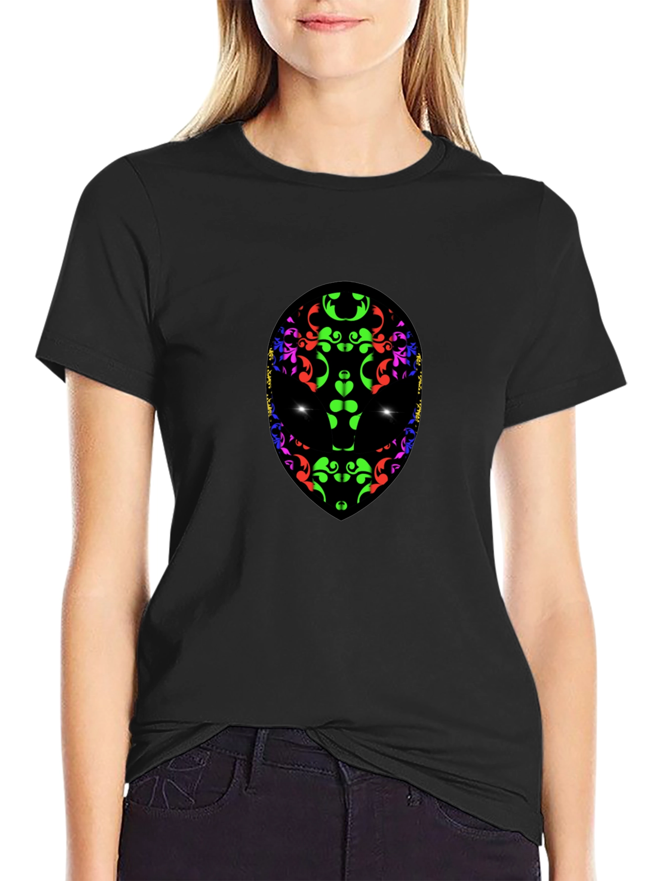 Abstract Alien Face Graphic Print Black T-Shirt