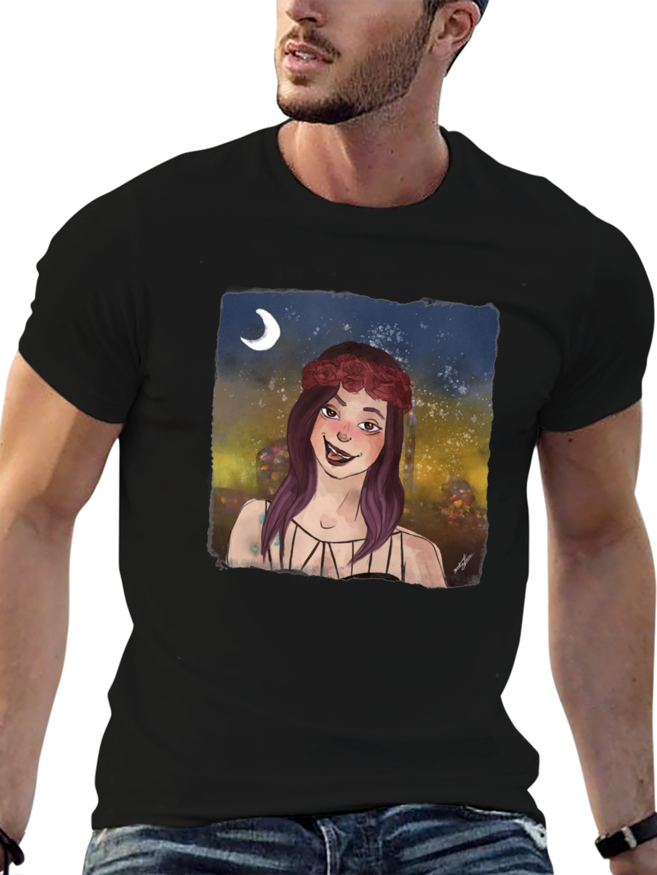 Whimsical Girl Graphic Tee - Black Cotton T-Shirt