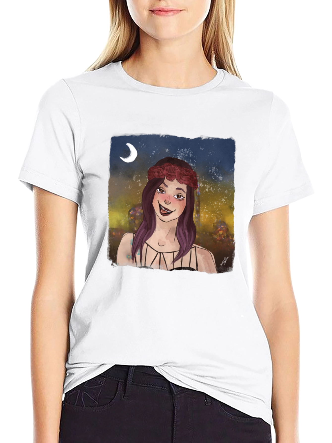 Whimsical Girl Graphic Tee - Black Cotton T-Shirt