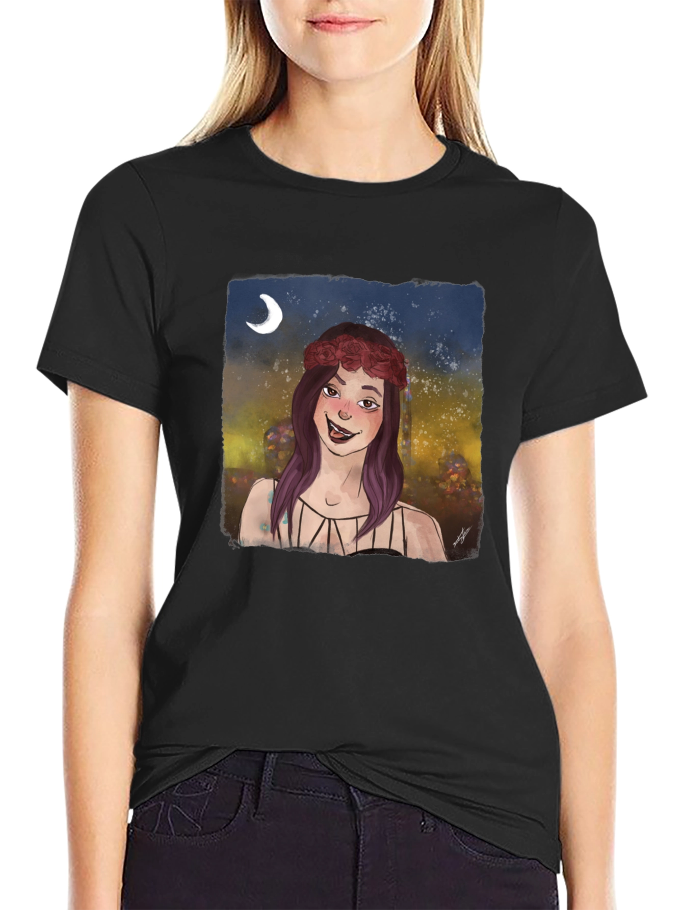 Whimsical Girl Graphic Tee - Black Cotton T-Shirt