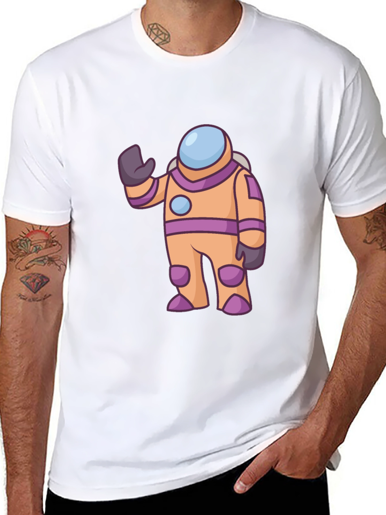 Astronaut Cartoon Graphic Tee - Black Cotton T-Shirt